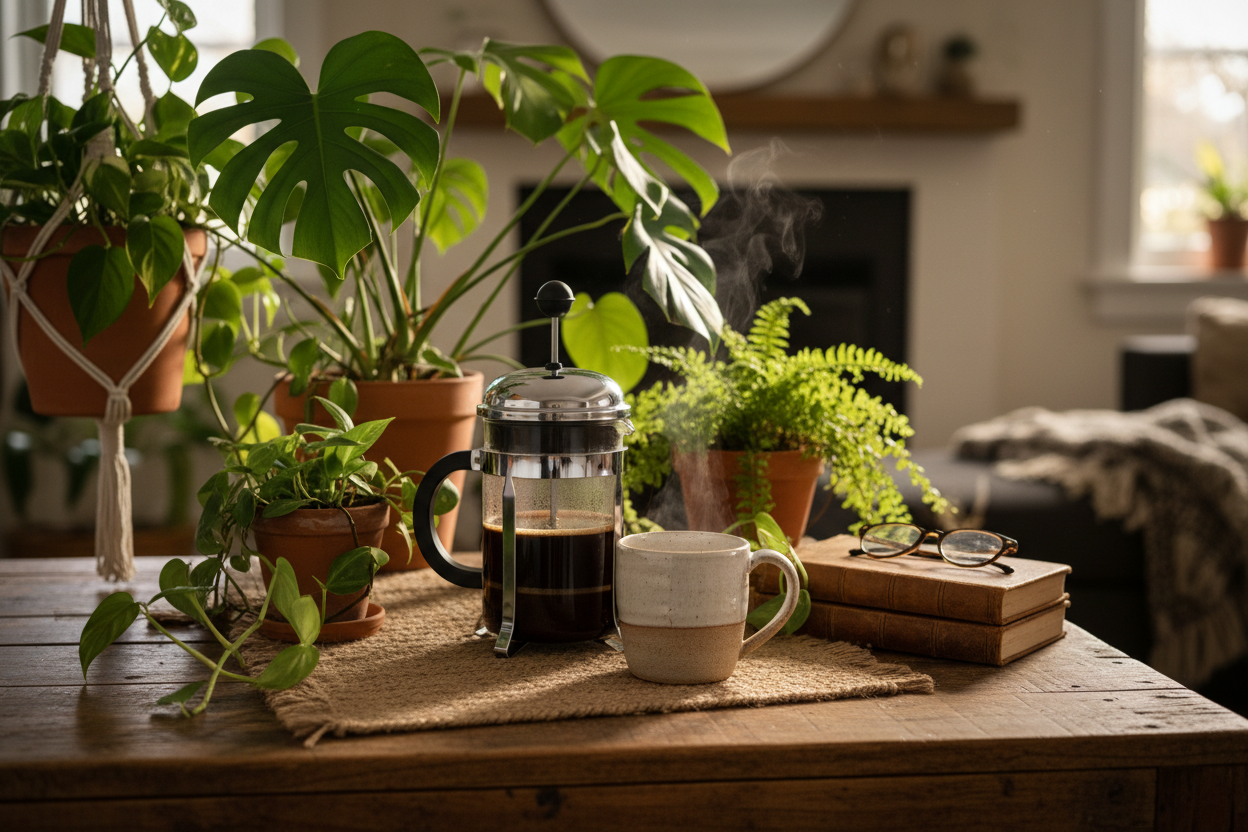 Home coffee with plants
